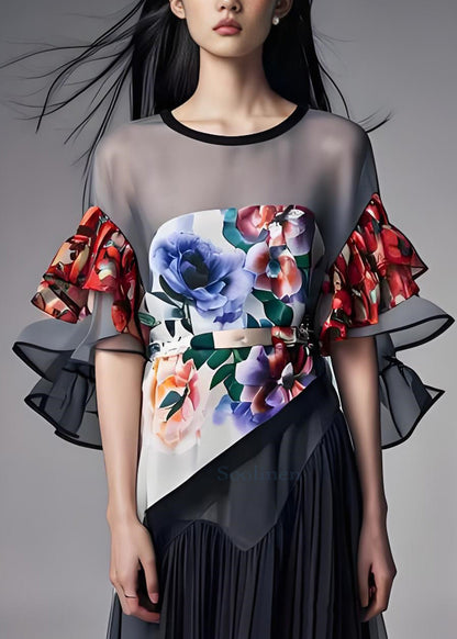 Grey O-neck Print Organza Patchwork Chiffon Dresses Butterfly Sleeve