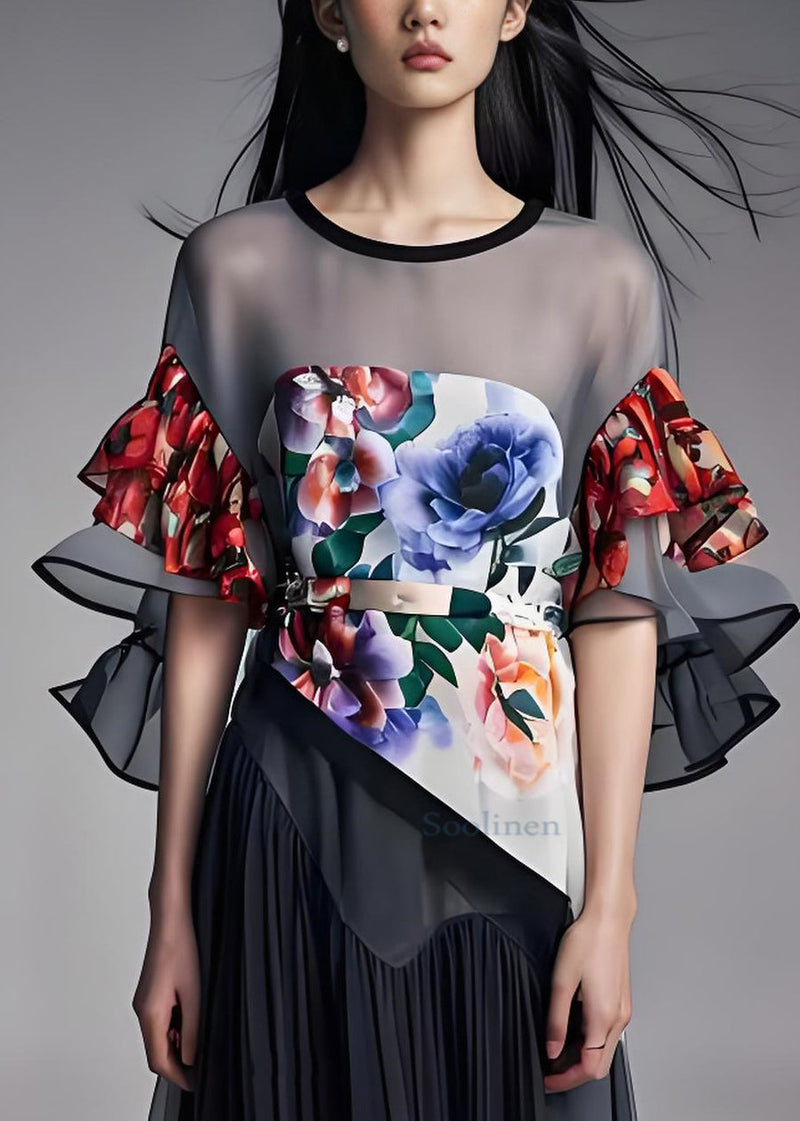 Grey O-neck Print Organza Patchwork Chiffon Dresses Butterfly Sleeve