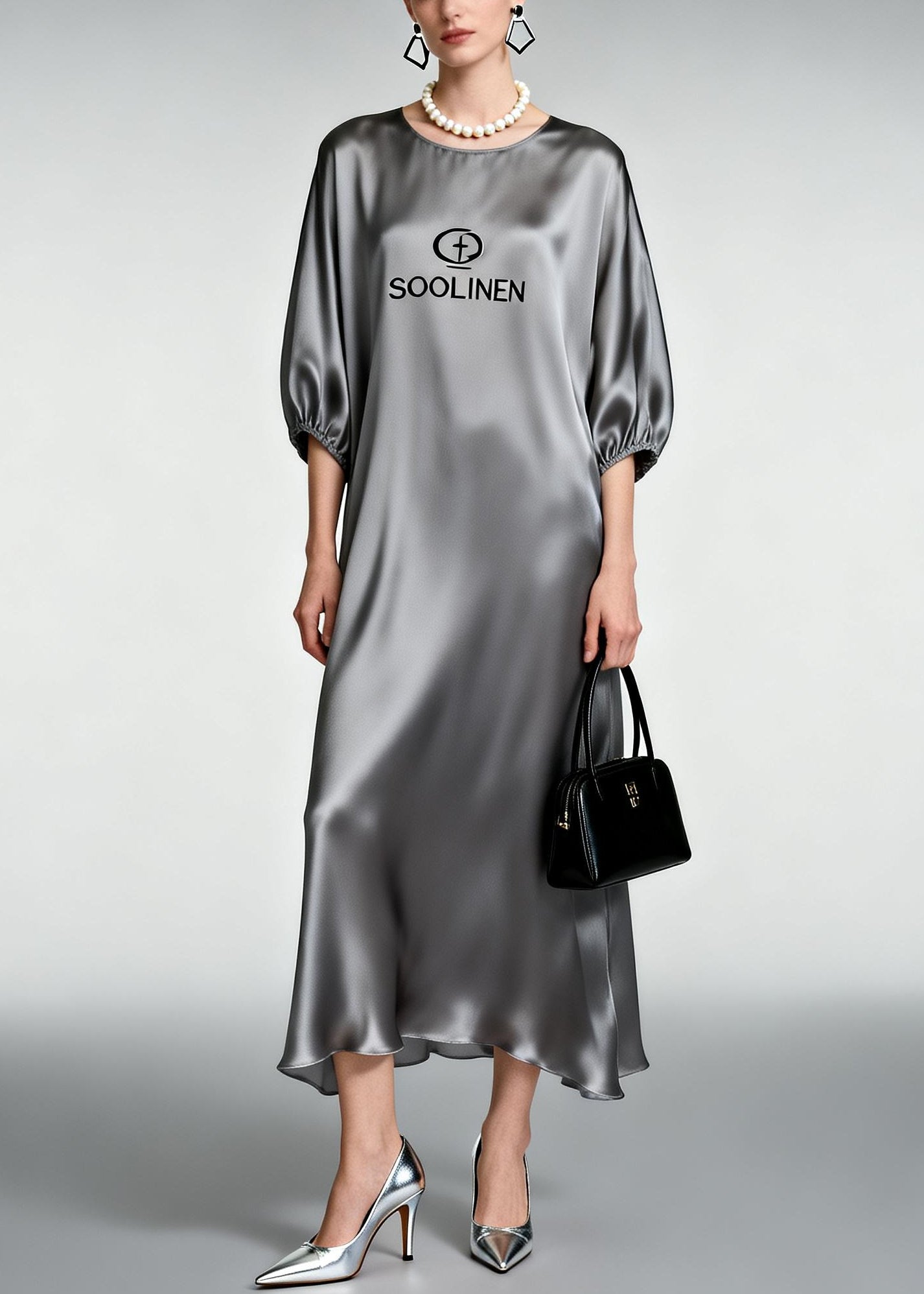 Grey O-neck Print Silk Ankle Dress Half Sleeve