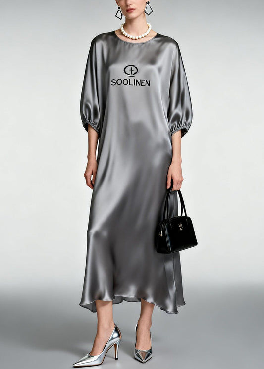 Grey O-neck Print Silk Ankle Dress Half Sleeve