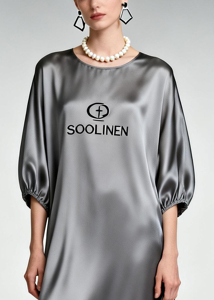 Grey O-neck Print Silk Ankle Dress Half Sleeve