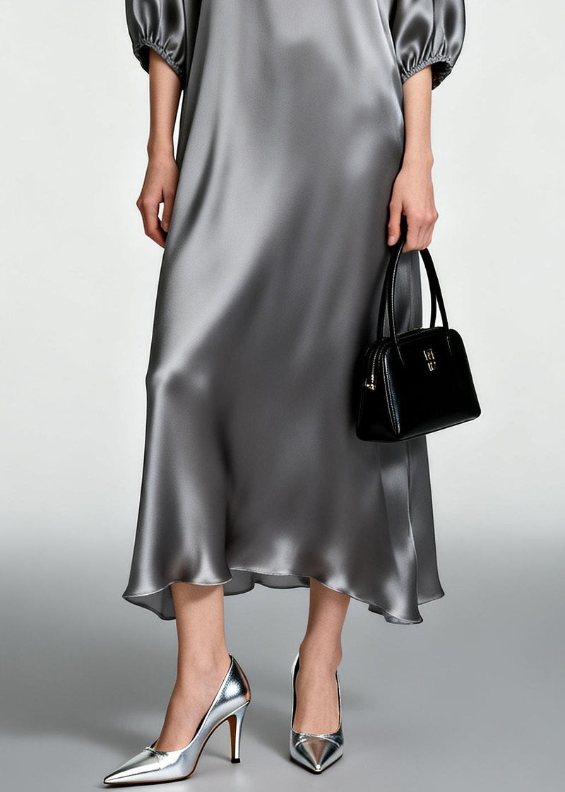 Grey O-neck Print Silk Ankle Dress Half Sleeve