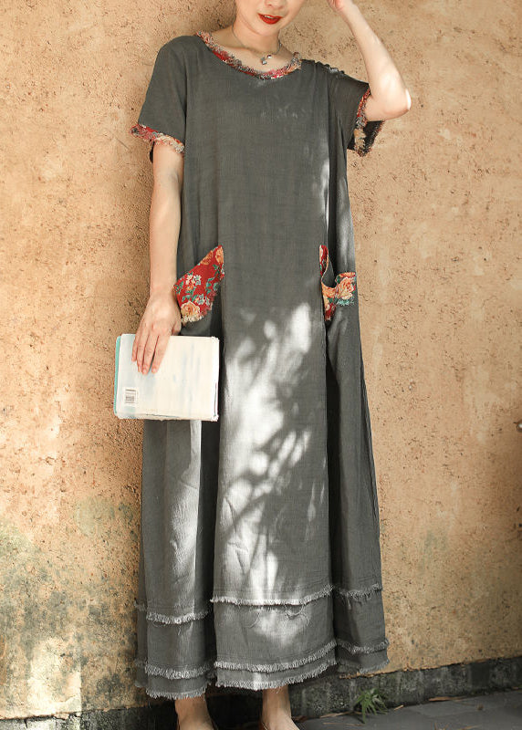 Grey O-neck Pocket Patchwork Linen Ankle Dress Short Sleeve