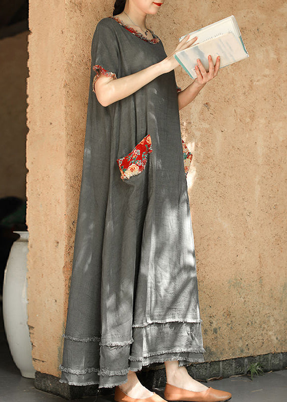 Grey O-neck Pocket Patchwork Linen Ankle Dress Short Sleeve