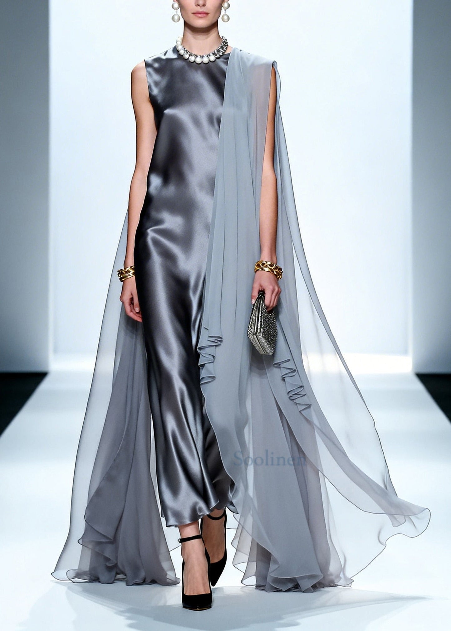 Grey Oversized Patchwork Chiffon Maxi Dress Summer