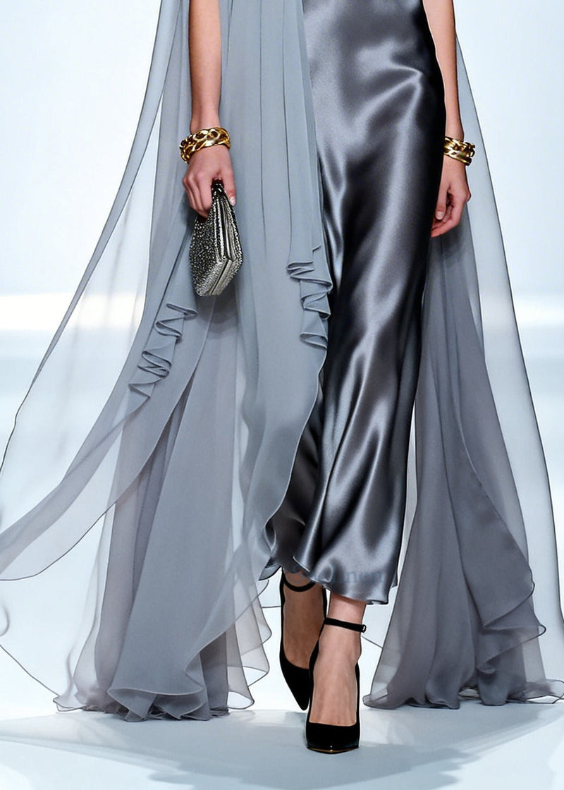 Grey Oversized Patchwork Chiffon Maxi Dress Summer