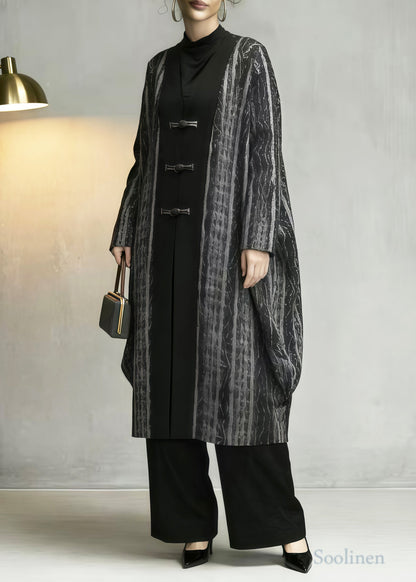 Grey Oversized Patchwork Chinese Button Cotton Coats Spring