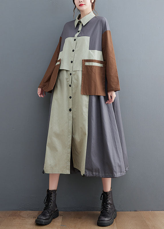 Grey Oversized Patchwork Cotton Shirt Dress Spring