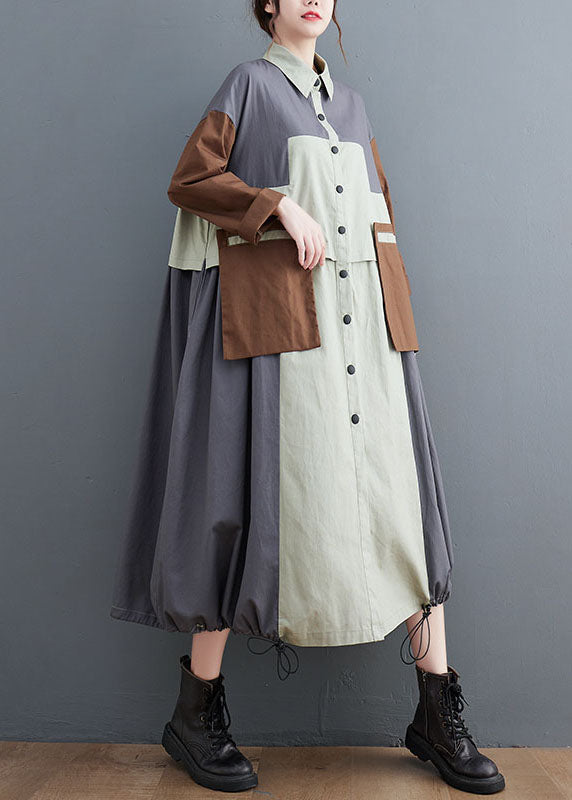Grey Oversized Patchwork Cotton Shirt Dress Spring