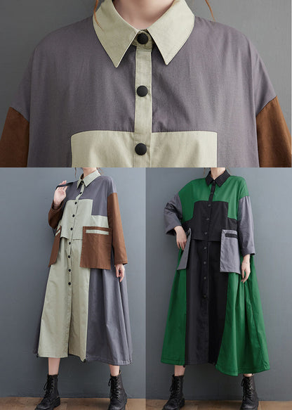 Grey Oversized Patchwork Cotton Shirt Dress Spring