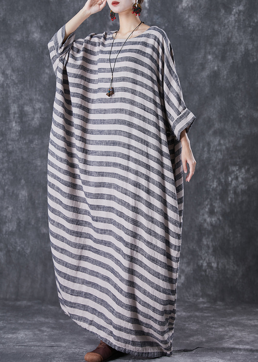 Grey Oversized Striped Linen Ankle Dress Gown Batwing Sleeve