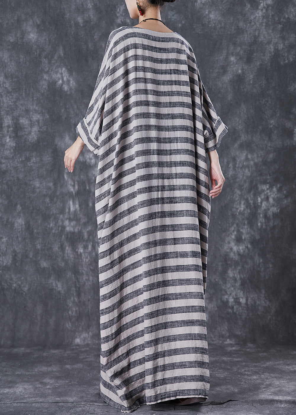 Grey Oversized Striped Linen Ankle Dress Gown Batwing Sleeve