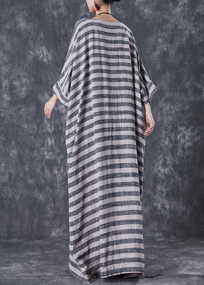 Grey Oversized Striped Linen Ankle Dress Gown Batwing Sleeve
