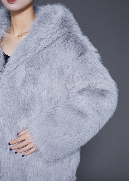 Grey Oversized Warm Fuzzy Fur Fluffy Hooded Jacket Winter