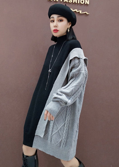 Grey Patchwork Knitted Dress Winter