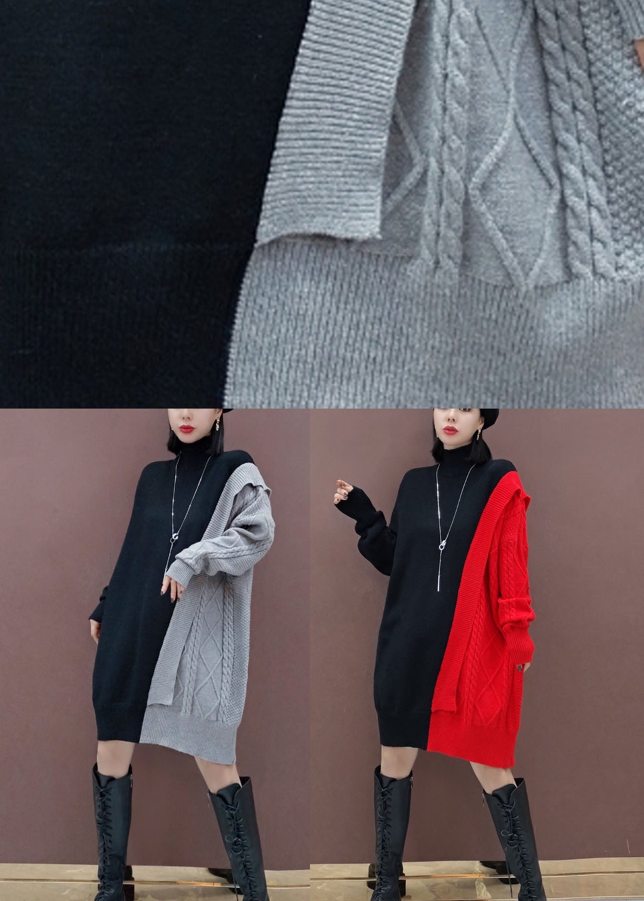 Grey Patchwork Knitted Dress Winter