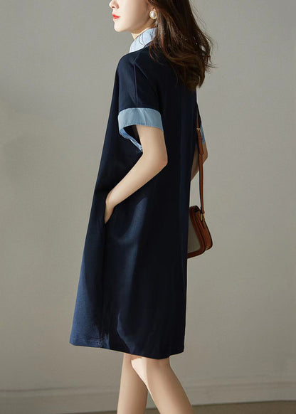 Grey Peter Pan Collar Button Patchwork Cotton Dress Summer