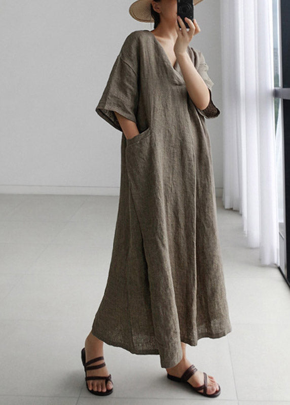 Red Peter Pan Collar Pockets Linen Long Dresses Short Sleeve