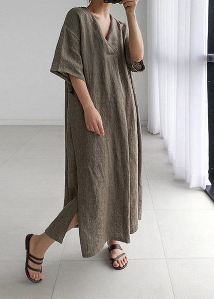 Green Peter Pan Collar Pockets Linen Long Dresses Short Sleeve