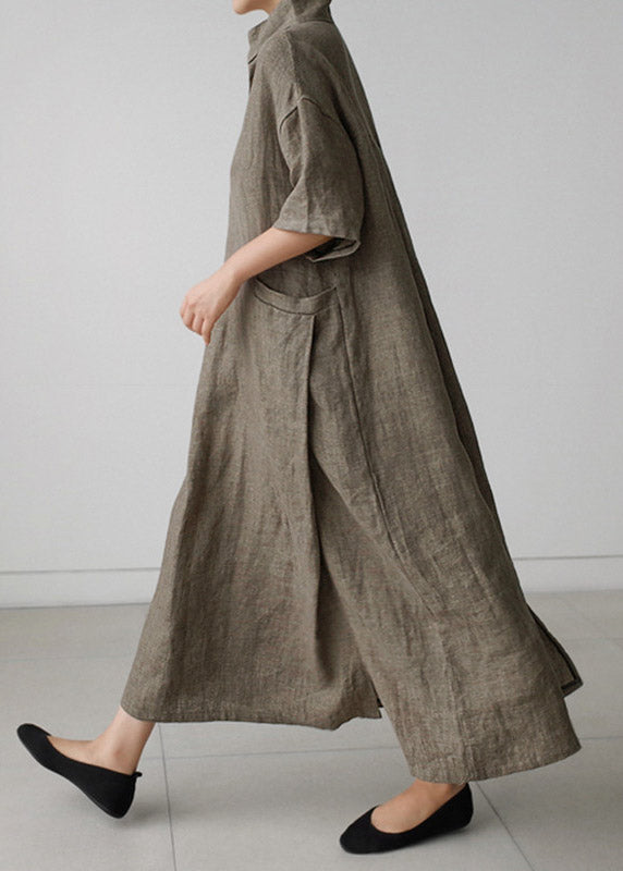 Red Peter Pan Collar Pockets Linen Long Dresses Short Sleeve