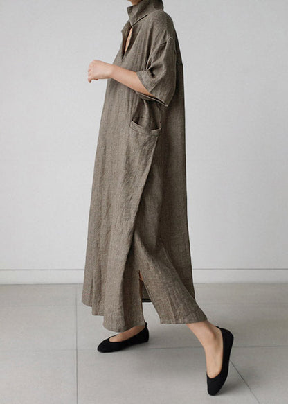Purple Peter Pan Collar Pockets Linen Long Dresses Short Sleeve
