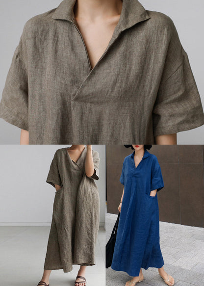 Red Peter Pan Collar Pockets Linen Long Dresses Short Sleeve
