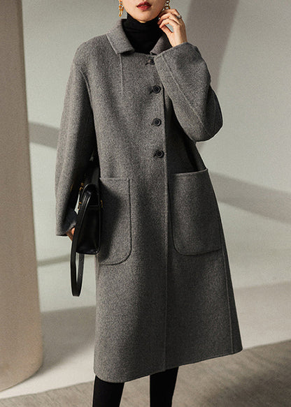 Grey Peter Pan Collar Pockets Woolen Coats Winter