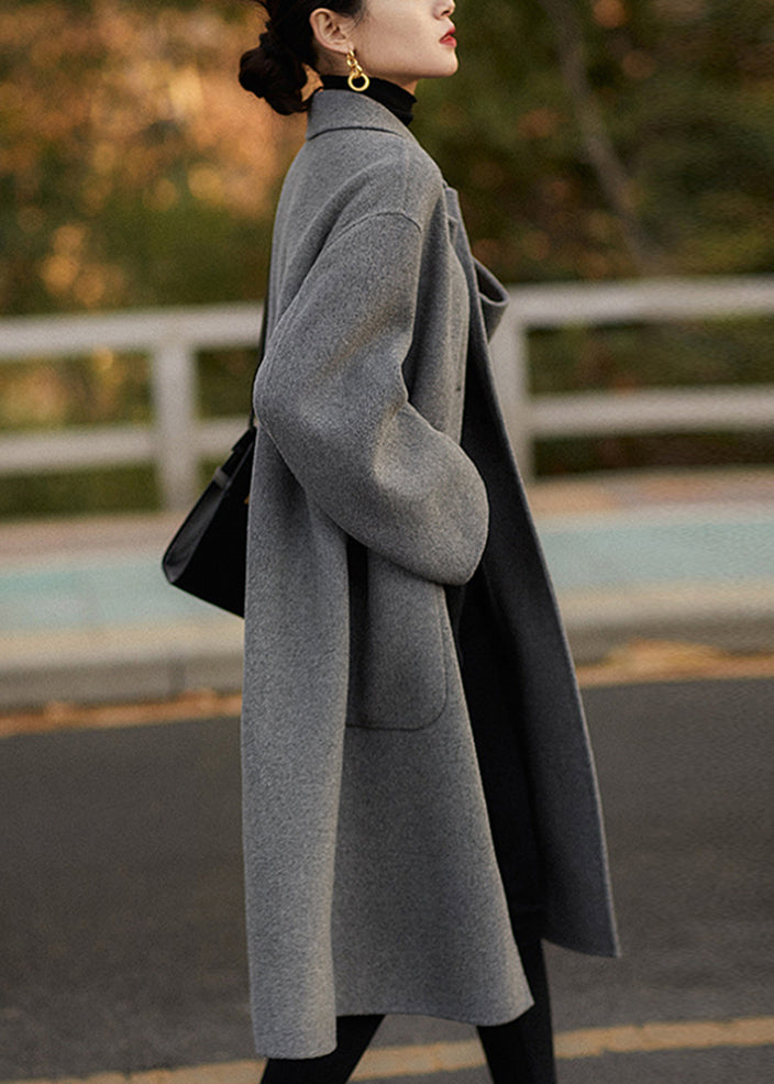 Grey Peter Pan Collar Pockets Woolen Coats Winter