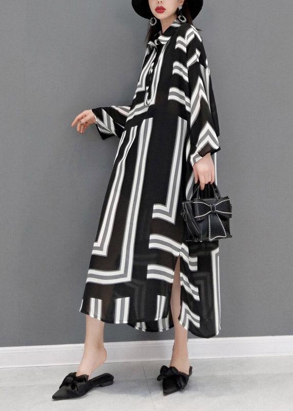 Grey Peter Pan Collar Side Open Striped Button Dresses Batwing Sleeve
