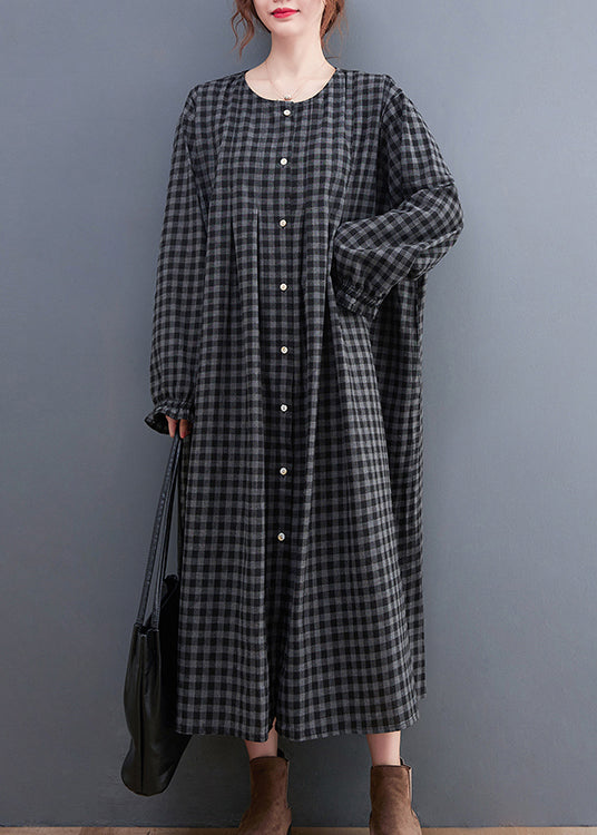 Grey Plaid O-neck Button Maxi Dresses Long Sleeve