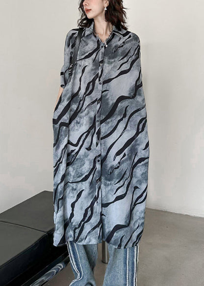 Grey Print Pockets Patchwork Cotton Shirts Dresses Fall