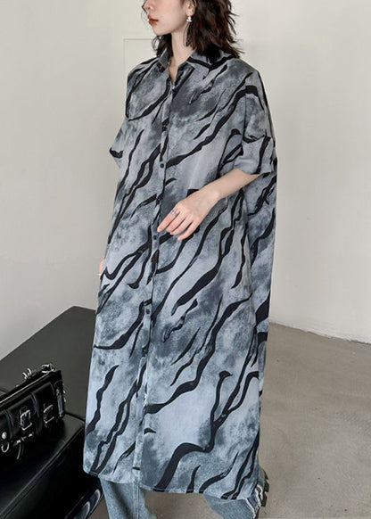 Grey Print Pockets Patchwork Cotton Shirts Dresses Fall