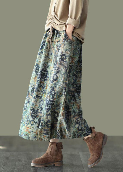 Green Flowers Retro Print a Line Pockets Fall Skirts
