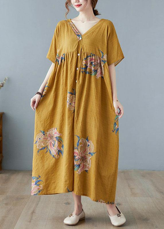 Red Flower Retro Button Summer Print Half Sleeve Maxi Dress