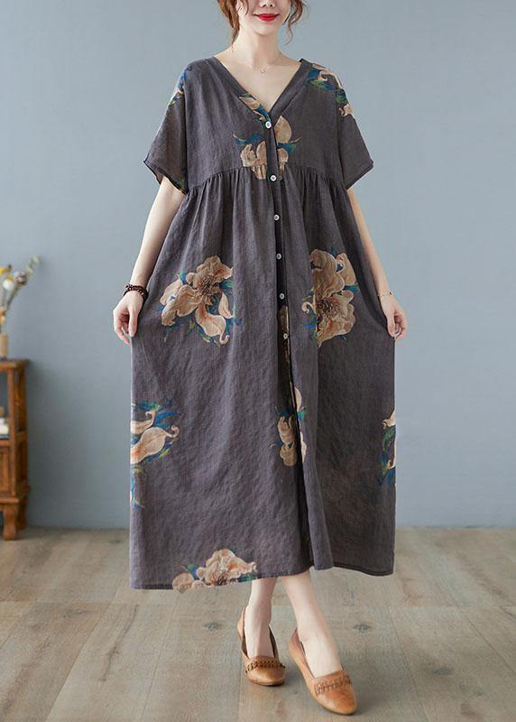 Red Flower Retro Button Summer Print Half Sleeve Maxi Dress