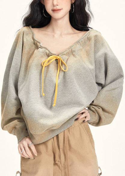 Plus Size Grey Slash Neck Drawstring T Shirt Fall