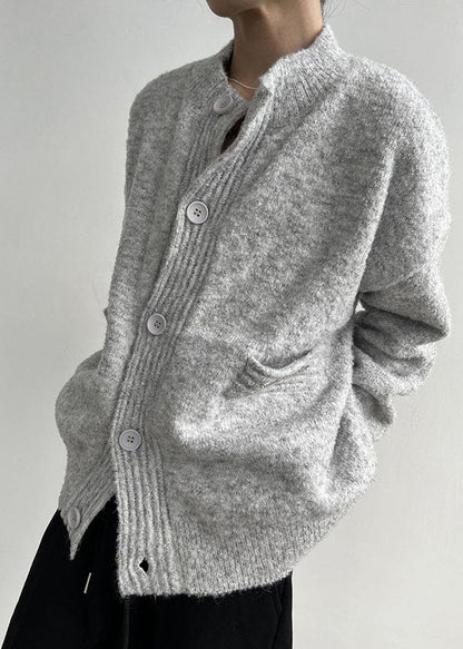 Grey Stand Collar Oversized Cozy Wool Man's Cardigans Winter