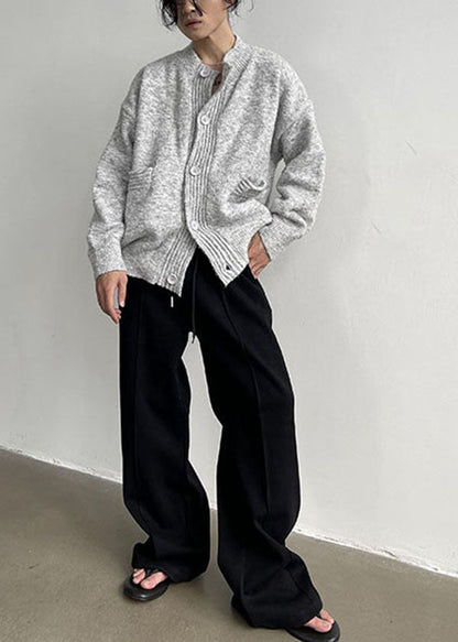 Grey Stand Collar Oversized Cozy Wool Man's Cardigans Winter