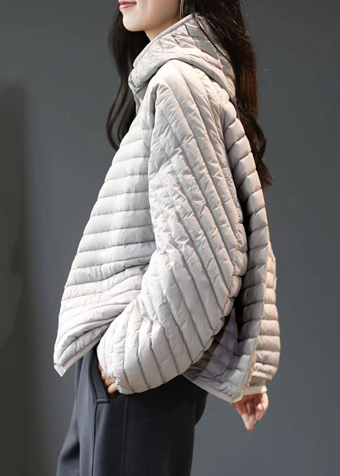 Grey Striped Button Fine Cotton Filled Parka Winter