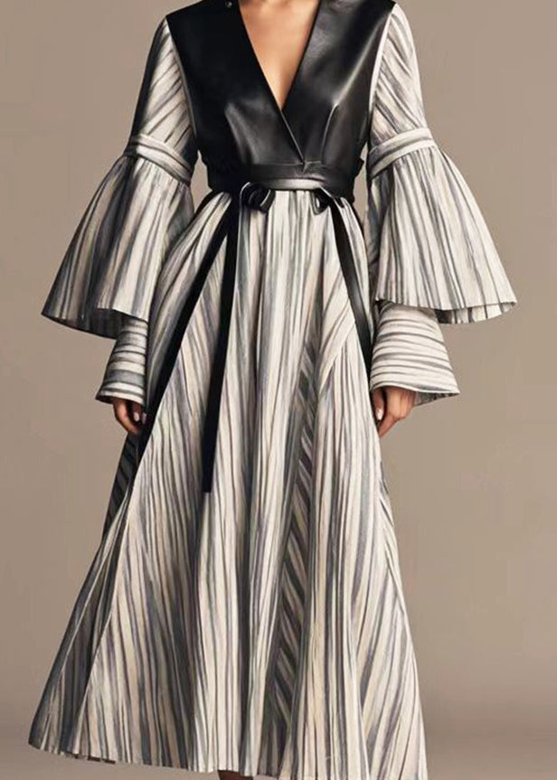 Grey Striped Patchwork Faux Leather Cotton Holiday Dress Flare Sleeve