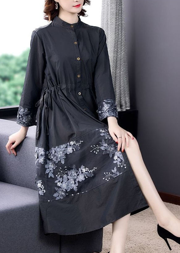 Grey Tie Waist Lace Patchwork Cotton Trench Long Sleeve