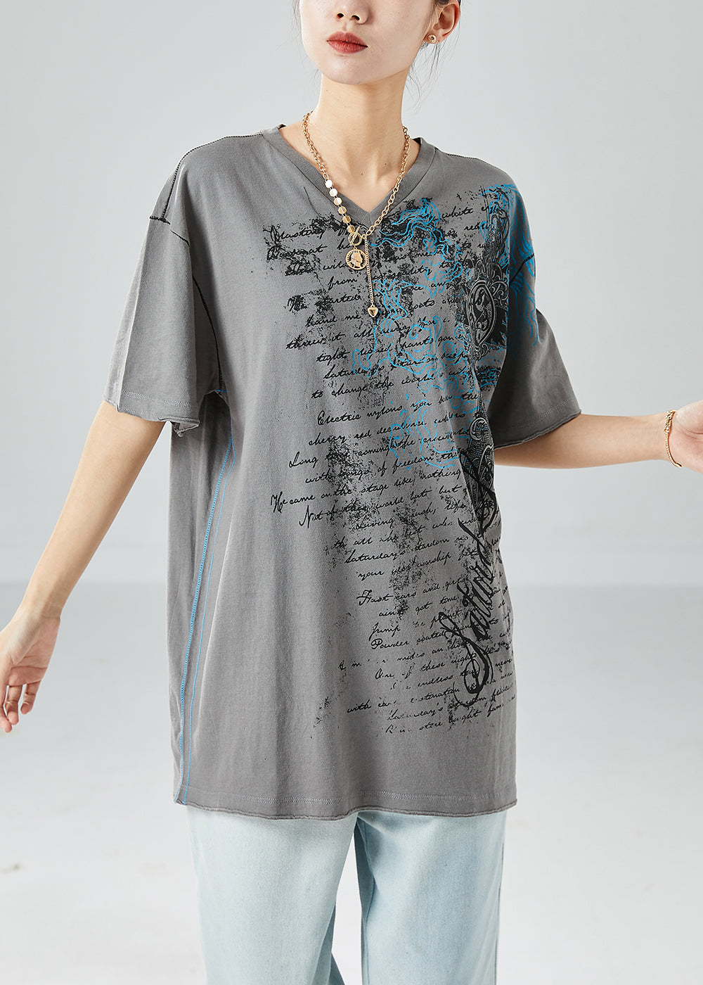 Grey V Neck Print Cotton Tanks Summer