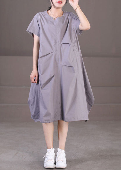 Grey Wrinkled Color Cotton Vacation Dresses Short Sleeve