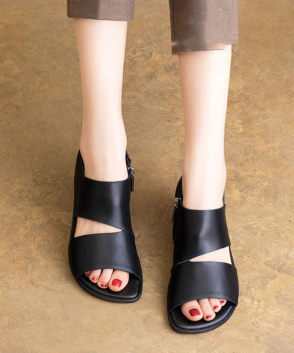 Hollow Out Sandals Black Cowhide Leather