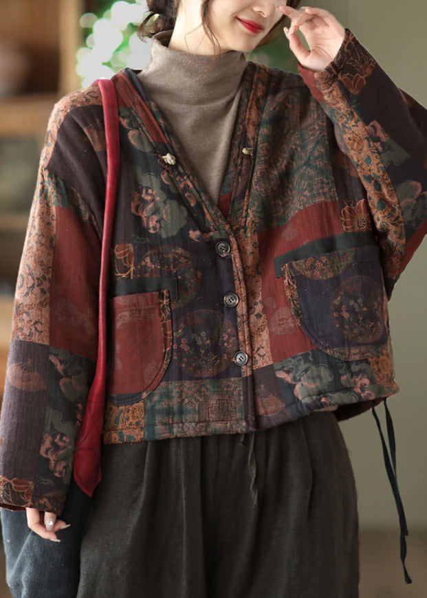 Khaki Button Pockets Patchwork Cotton Coat Fall