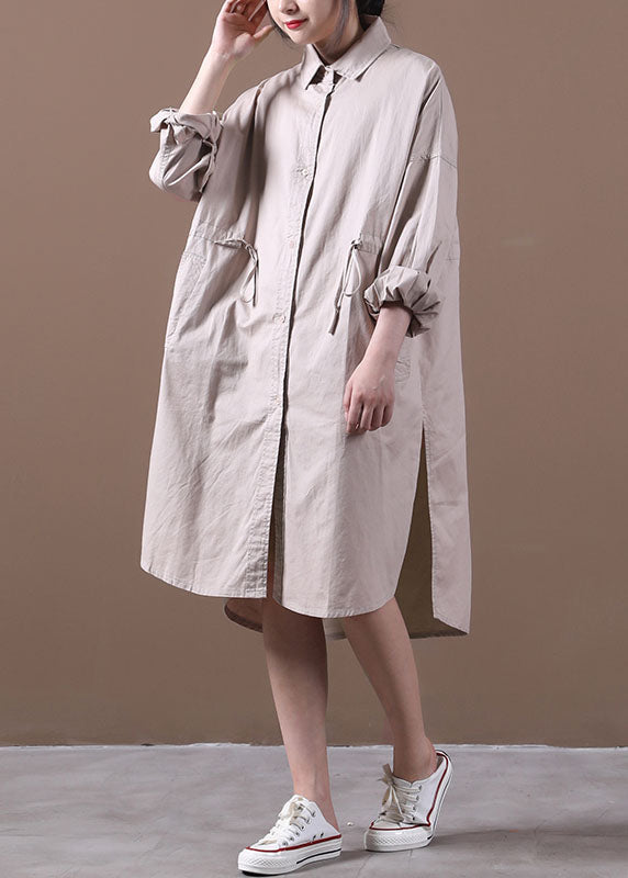 Khaki Drawstring Side Open Cotton Shirt Dress Long Sleeve