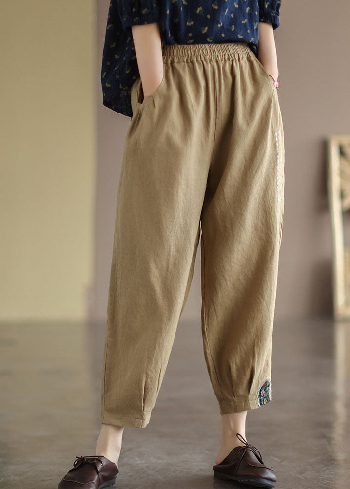 Khaki Elastic Waist Patchwork Applique Linen Harem Pants Fall