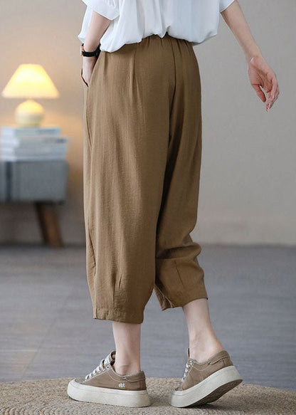 Khaki Elastic Waist Color Pockets Cotton Harem Pants Summer