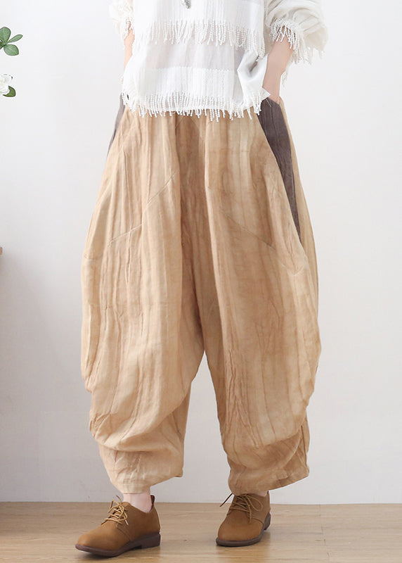 Khaki Elastic Waist Wrinkled Patchwork Linen Harem Pants Summer