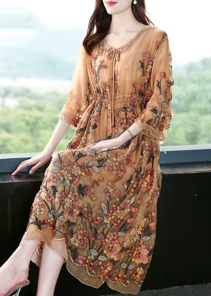 Khaki Embroideried Cinched Silk Maxi Dresses Bracelet Sleeve
